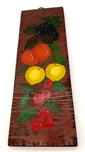 Vintage Original Fruit Oil Painting On 7X20 Carved Wood Plank Signed - Picture 1 of 9
