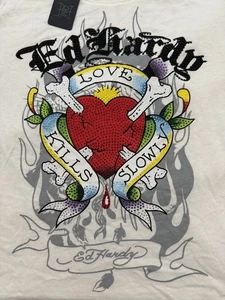 Ed Hardy Designs Mädchen Shirt Elfenbein Herz Liebe Knochen Strass L Y2K Neu mit Etikett - Bild 1 von 11