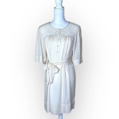 Vestido Camisa Walter Baker Nuevo con Etiquetas Seda Encaje L Crema 100% Seda Corbata Cintura Manga Corta Foto 1 de 4