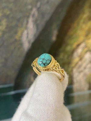 Ring -  14k vergoldet mit türkisem Stein - Damen Gold Vintage Stil Gr. 52-63 - Bild 1 von 4