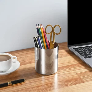 Silber Edelstahl Stifthalter SUS304 Schreibtisch Organizer Schwerlast Zylinder Tasse - Bild 1 von 6