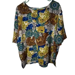 Vintage Nicola Blouse Top Women's Green Brown Blue Floral Short Sleeve Size 2X - Picture 1 of 8