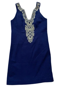 Lilly Pulitzer Suzette Shift Dress Sz 10 Navy Blue Gold Metallic Trim Sleeveles - Bild 1 von 5