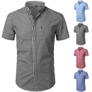 Men Small Plaid Button Shirt Summer Short Sleeve Slim Fit Casual Checks Tops - Picture 1 of 12