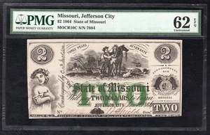 1864 $2 THE STATE OF MISSOURI JEFFERSON CITY, MO OBSOLETE PMG UNCIRCULATED-62EPQ - Picture 1 of 2