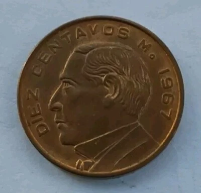 1967 Mexico 10 Diez Centavos BU Red Coin-Nice Luster Super Clean-Free Post - Image 1 of 4