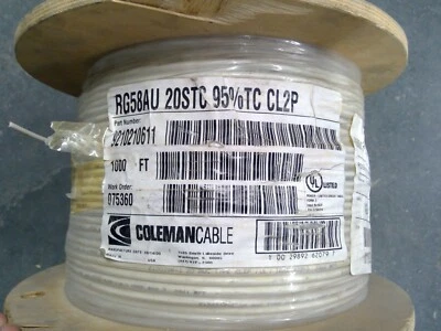Cable Coleman RG58AU 20AWG 1C trenzado CL2P 1000 pies **Envío gratuito** Foto 1 de 3
