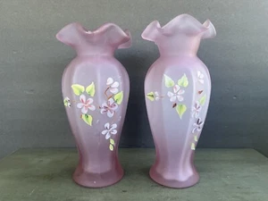 FENTON-Style Pink Frosted Glass Floral Handpainted Paneled Vases Set (of 2) - Picture 1 of 4