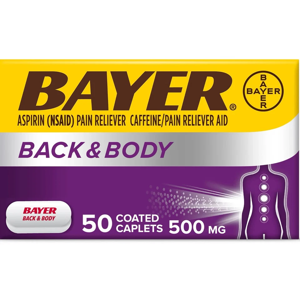 "Bayer Aspirin Pain Reliever, Extra Strength Back & Body Pain, 50-Count Caplets"