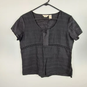 J. Jill Women's Black Linen Eyelet Short Cap Sleeve Blouse Small Lagen Look Tie - Picture 1 of 6