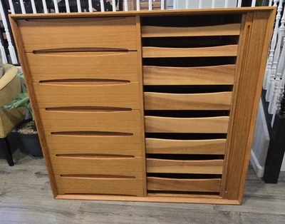 Mid-Century 15 -Drawer Danish Teak High Boy Dresser With a Tambour Door Dyrlund - Image 1 of 4
