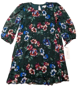 CALVIN KLEIN Green Floral Balloon 3/4 Sleeve Chiffon Shift Dress Women 8 NEW - Picture 1 of 19