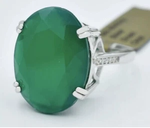 NATÜRLICHER 18,30 CTW GRÜNER ONYX & WEISSER SAPHIR RING 0,925 SILBER *NEU MIT ETIKETT* - Bild 1 von 4