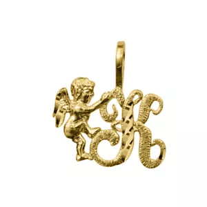 Genuine 14k Yellow Gold 0.59" Cherub and Cursive Script Initial Letter K Pendant - Picture 1 of 5