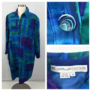 VTG Anne Crimmins for Umi Collection 100% Silk Shirt Dress Multicolor Artsy 14 - Picture 1 of 15