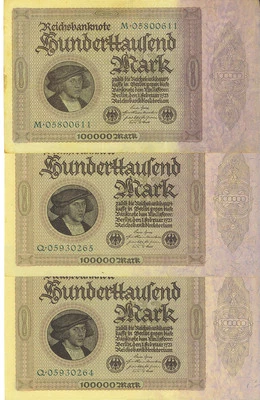 Germany 1923 100000 Mark P-83 Lot of 3 Notes High Grade EF+/AU  - Image 1 of 2