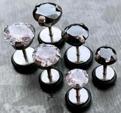 PAIR Prong Set CZ Gem Faux / Fake / Cheater Surgical Steel 16g Plugs Gauges - Image 1 of 2