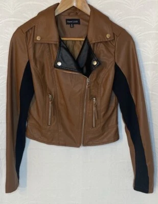 Chaqueta de imitación de cuero marrón/negro New Look talla mediana Foto 1 de 4