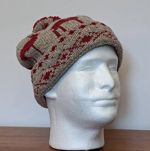 AMERICAN EAGLE Knit Hat Adult One Size Red & Tan Reideer  Pom Pom - Picture 1 of 4