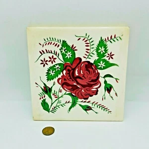 1950 Vintage Wheeling Cushion Pottery Art Tile Rose Floral Cottage Core  - Picture 1 of 8