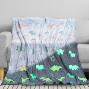 Glow in The Dark Dinosaur Blanket for 50" x 60" (130 x 150 cm), Blue - Picture 1 of 7