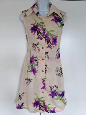 Vestido Vintage Años 70 80 Crema Lila Floral Sin Mangas Botón Delantero Cuello Grande Foto 1 de 4