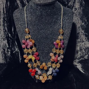 ANN TAYLOR LOFT necklace multicolor acrylic glass bead 3strand bib vintage style - Picture 1 of 4