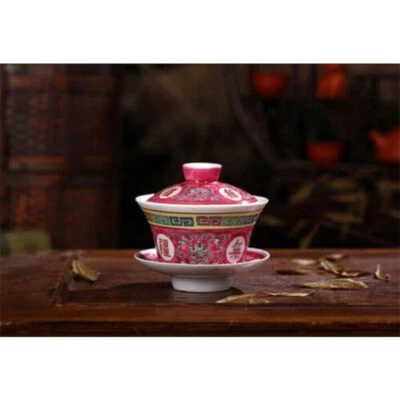 Antigua porcelana Gaiwan Mun Shou longevidad flor puré taza china tapa tazón Foto 1 de 4