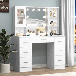 Weiß Eitelkeit Frisierkommode Schminktisch Mit 7 Schublade Regal HD Spiegel NEUE - Bild 1 von 17