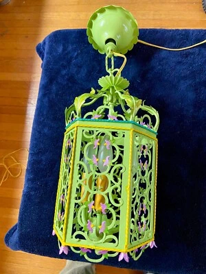 Lámpara colgante vintage antigua Art Deco italiana tole 3 bombillas linterna Foto 1 de 4