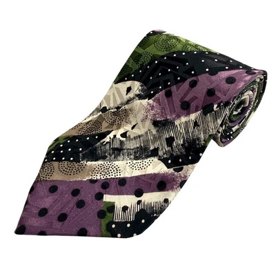 Corbata de seda geométrica abstracta Smith negra vintage púrpura verde negro lunares Foto 1 de 4