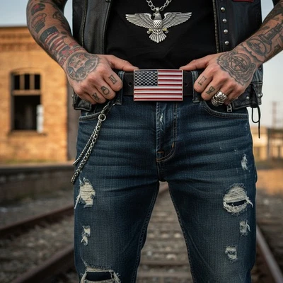 男式女式皮带扣金属银美国国旗红色白色蓝色 — 第 1/4 张图片