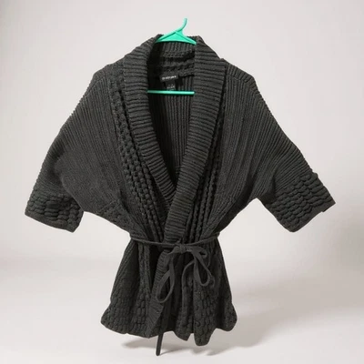 Cárdigan suéter Lane Bryant negro tejido acanalado cuello chal manga kimono cinturón Foto 1 de 4