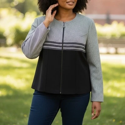 Blazer Chaqueta Elegante Y2K Dressbarn Mujer 16W Negro Blanco Pata de Gallo Cremallera 16W Foto 1 de 4