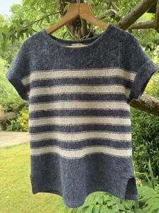 GAP Oversized XS Short Sleeve Boxy Top Blue White Stripes Wool Blend Side Slits - Picture 1 of 13