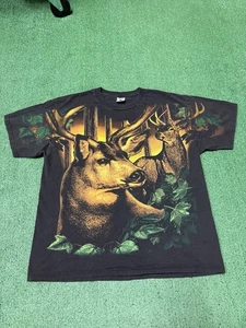 Vintage 90s Whitetail Deer Nature AOP Shirt Men’s Size XL Black Animal Hike VTG - Picture 1 of 10