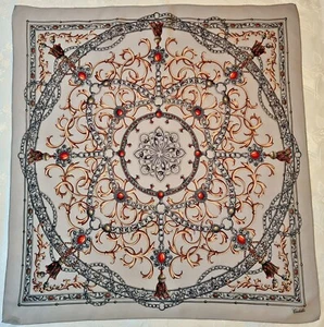 SCARF VINTAGE AUTHENTIC CODELLO BAROQUE JEWELRY ART GRAY BROWN SILK 34" SQUARE - Picture 1 of 5