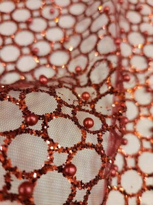 Fabric Sold By The Yard Burgundy Beaded Lace Glitter Sparkle Pearls On Mesh Prom - Image 1 of 4