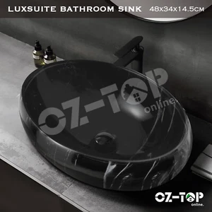 Oval Bathroom Ceramic Basin Above Counter Top Hand Wash Bowl Sink Black Marble - Picture 1 of 12