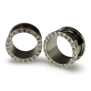 Pair of Steel Screw on CZ Gem Tunnels set gauges plugs PICK SIZE - Picture 1 of 5