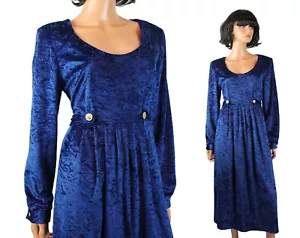 Crushed Velvet Dress L Vintage 90s Dark Blue Stretchy Long Sleeve Empire Waist - Picture 1 of 7