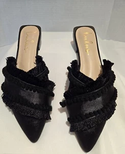 Lulus Women's Sz 6.5 Black Satin Mule Pointed Toe Fringe Slip On Bohemian Shoes  - Picture 1 of 12