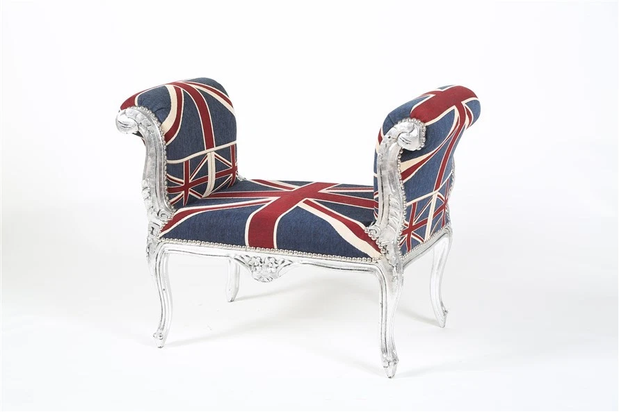 PANCA POLTRONA IN LEGNO FOGLIA ARGENTO CON STOFFA DECORO INGLESE ARREDO CASA - Immagine 1 di 1