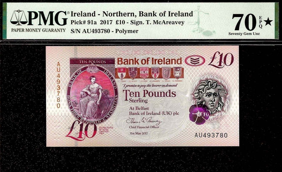 PMG 70 Ireland Northern 10 Pounds 2017 Superb Gem UNC PMG 70 EPQ TOP POP - Image 1 of 2