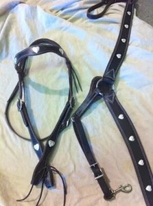 Western Leather Bridle and Breast Collar With Silver Heart Shaped Studs - Picture 1 of 2
