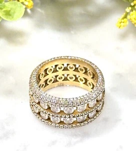 Lawrence Grey Sterling Silver Gold Vermeil CZ Pave 12mm Open Band Ring Size 9 EC - Picture 1 of 16