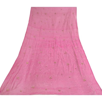 Bufandas Sanskriti Vintage Largas Rosa Dupatta/Estola Pura Gasa Seda Cuentas a Mano Foto 1 de 4