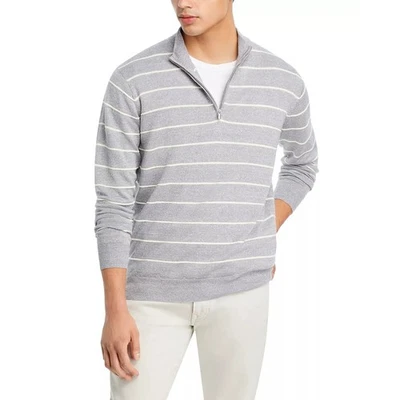 Peter Millar Mens L Gray White Stripe Merino Wool Linen 1/4 Zip Sweater - Image 1 of 4