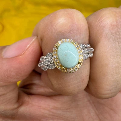 925 Sterling Silver Ring Oval Turquoise 7x5mm Natural Gemstone Zircon Women - Image 1 of 4
