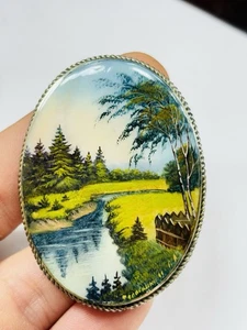 Antique hand painted and signed MOP brooch with white metal frame - Picture 1 of 8